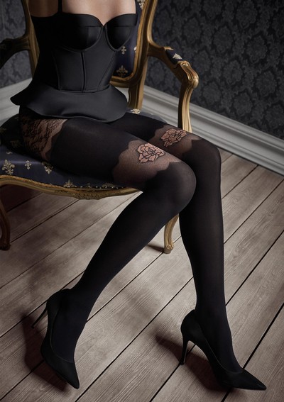 Strumpfhose mit glitzerndem Muster und Taillenbund aus Spitze aus der Kollektion Patrizia Gucci for Marilyn, schwarz, Gr. M/L