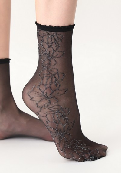 Feinsckchen mit elegantem, floralem Muster mit Lurex-Effekt von Oroblu, schwarz-silbern
