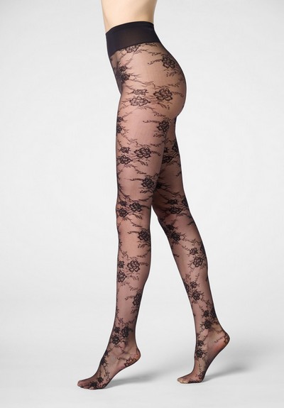 Elegante Feinstrumpfhose mit Blumenmuster in Spitzenoptik von Oroblu, wollwei�, Gr. S