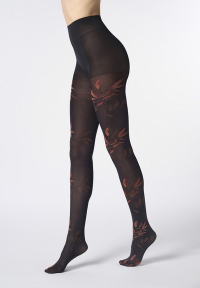 Blickdichte Strumpfhose mit herbstlichem, floralem Muster von Oroblu, schwarz, Gr. S/M Blickdichte Strumpfhose mit herbstlichem, floralem Muster von Oroblu, schwarz, Gr. S/M