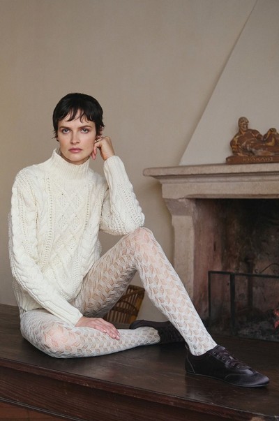 Warme Ajour-Strumpfhose mit Blttermuster und hohem Anteil an Wolle von Trasparenze, wollwei, Gr. S